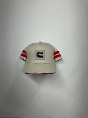 Cummins Trucker Hat Cream Red Racing Stripe Mesh Snapback Diesel Engine Cap